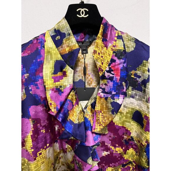 St. John Blouse Womens 8 Cobalt Celadon Multi Silk Ruffle Abstract Top K311WD1 - Picture 2 of 15